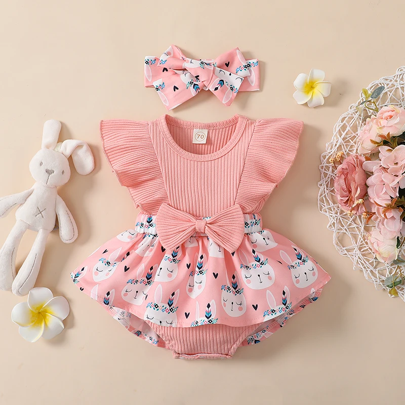 

2023-01-11 Lioraitiin 0-18M Baby Girls Easter Jumpsuit Rabbit Print Ribbed Patchwork Fly Sleeve A-Line Romper with Bow Headband
