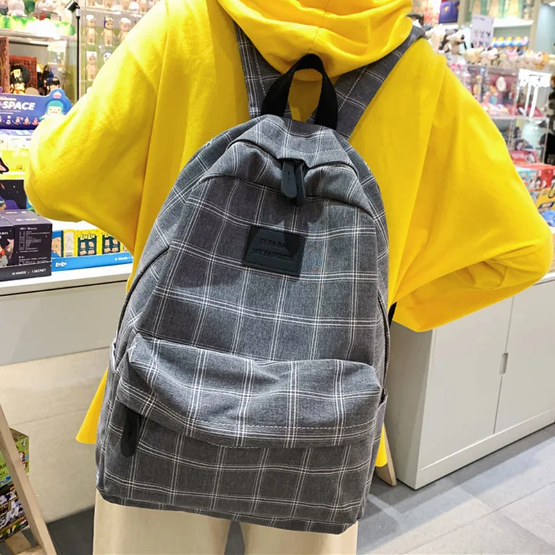 Waterproof With Zip Plaid Canvas Backpack Female Students Shoulder Bag College Students Simple Cute Schoolbag