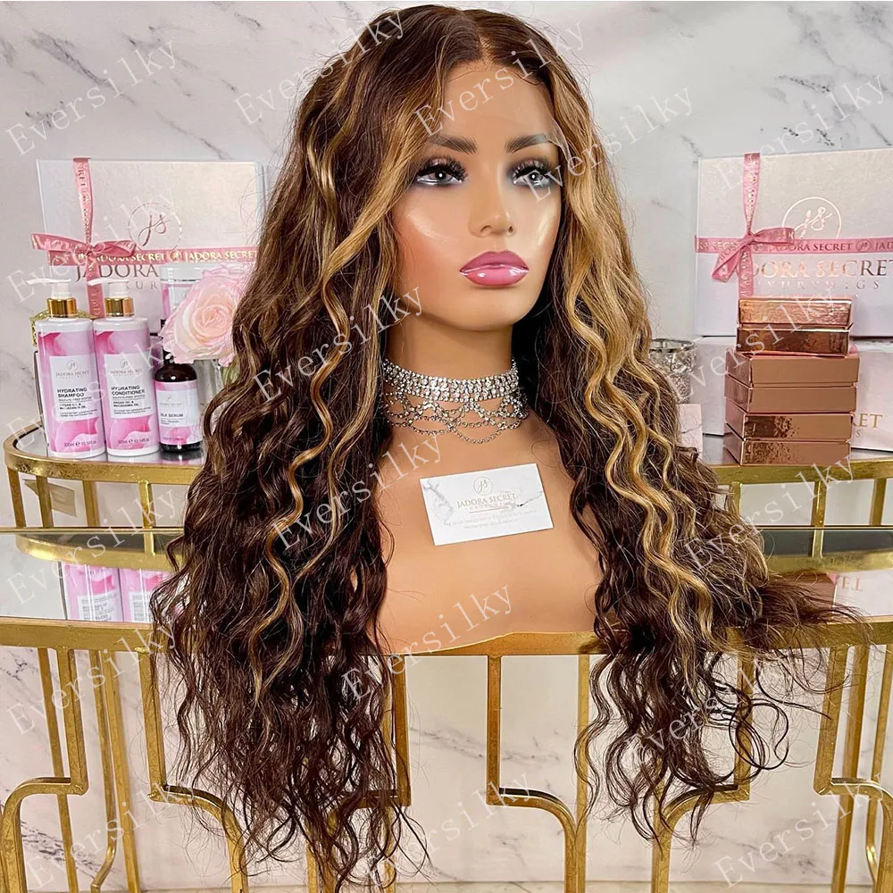 

Highlight Honey Blonde Deep Wave 13x3 Transparent HD Lace Front Wigs Pre Plucked Glueless T Part Human Hair Brown Wavy Knots Wig