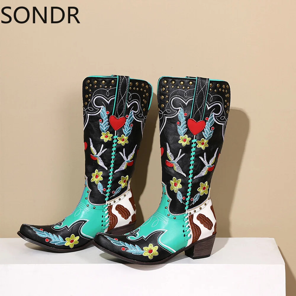 Женские ботинки челси с этнической вышивкой ковбойские до середины икры на