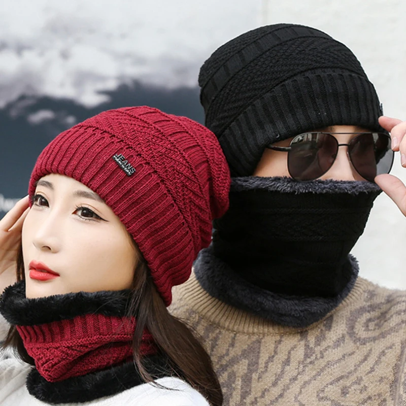 

Knitted Hat and Scarf Set Warm Plush Circle Loop Neck Wrap Elastic Neck Warmer Winter Wearing for Women Men Warm Knitted Elastic