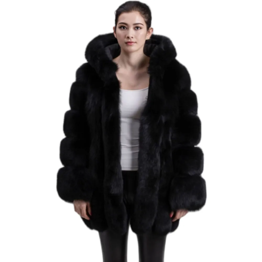 Women's Winter Warm Real Fox Fur Hooded Coat Luxury Long Sleeves Fur Jacket Ladies High Quality Fluffy Natural Fur New Outerwear