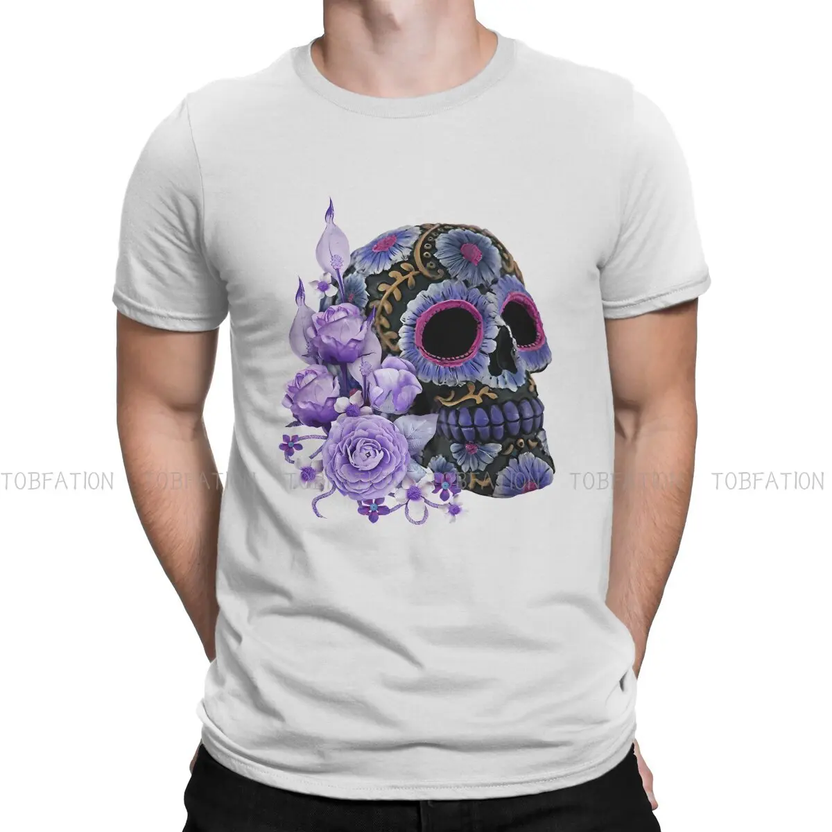 

Футболка с мексиканским черепом из чистого хлопка, фиолетовая, Цветочная, черная, с изображением сахарного черепа, день мертвецов, Классическая футболка, повседневная мужская одежда, новый дизайн