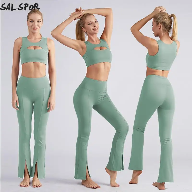 

SALSPOR 2 шт. костюм для йоги, Женский комплект для фитнеса и спортзала, расклешенные брюки с передним разрезом и бюстгальтер для бега, дышащий эластичный спортивный наряд