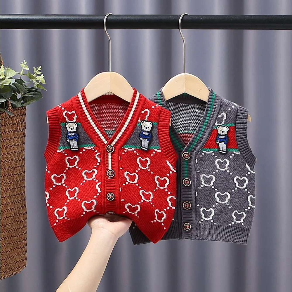 

New 2023 Autumn Winter Baby Clothes 0-4 Years Toddler Kids Boys Knitted V-neck Bear Waistcoat Outfit