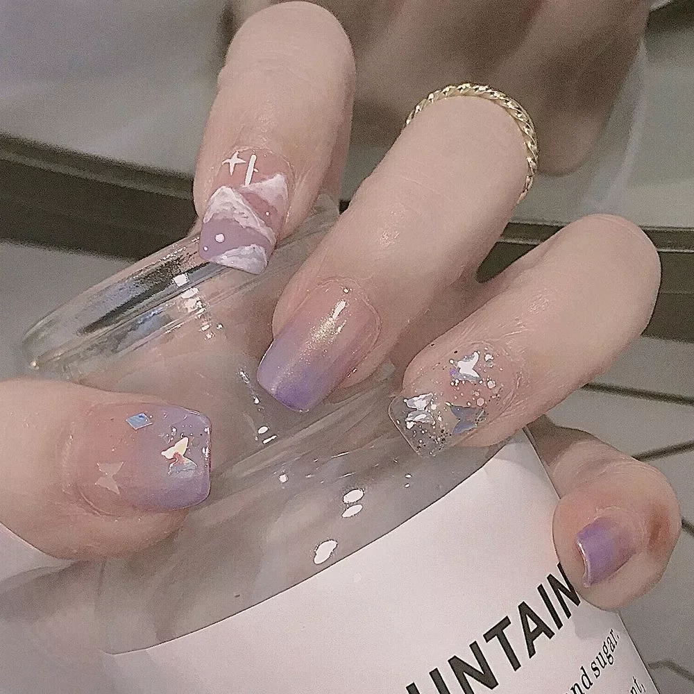 

NEW Short Square Head False Nails Purple gradient design Coffin Fake Nails With Glue Full Cover Nail Tips Press On Nails