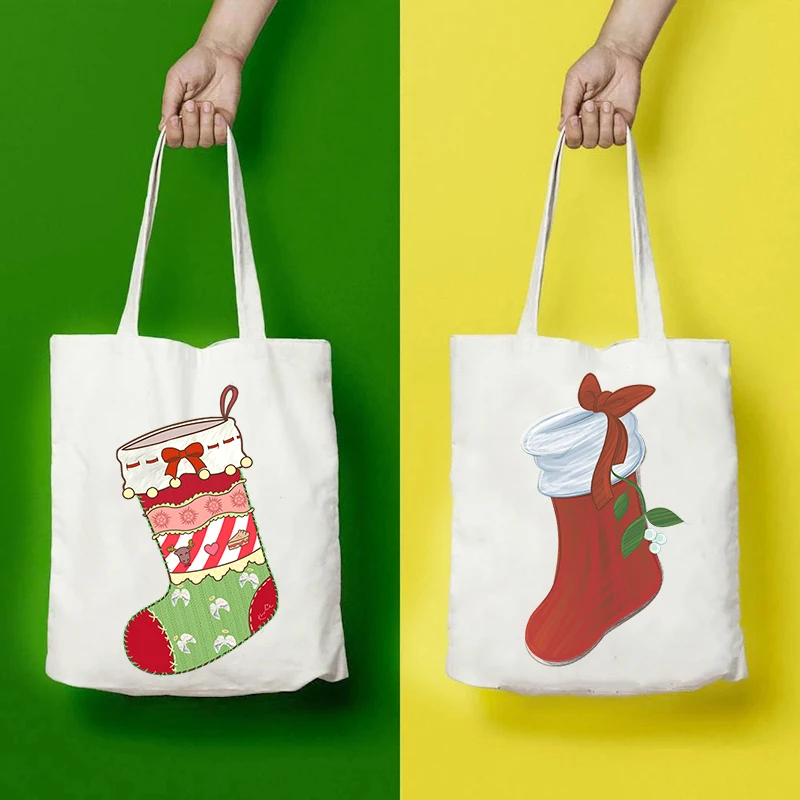 

Холщовая Сумка-тоут, сумка, рождественские носки, женская сумка, шоппер для продуктов, складные эко-дизайнерские сумки для покупок
