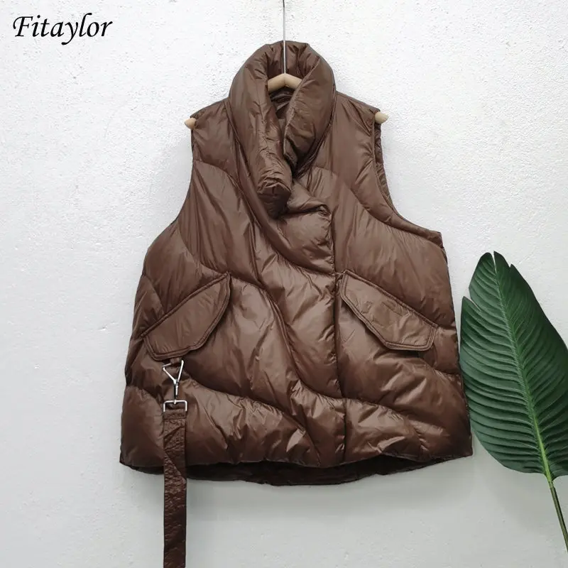 

Fitaylor New Autumn Winter Women Loose Stand Collar Zipper White Duck Down Vest Female Warm Coat Windproof Sleeveless Outwear