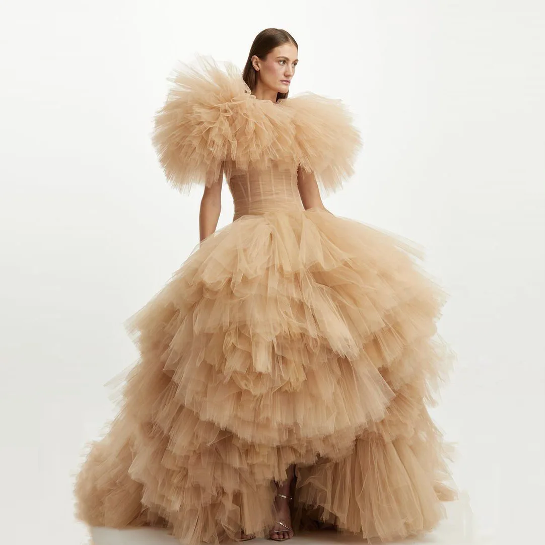 

Fluffy Prom Dresses Tulle Champagne robe de soiree vestido longo Gorgeous Saudi Arabic Maxi Dress Tiered Lush Prom Gowns