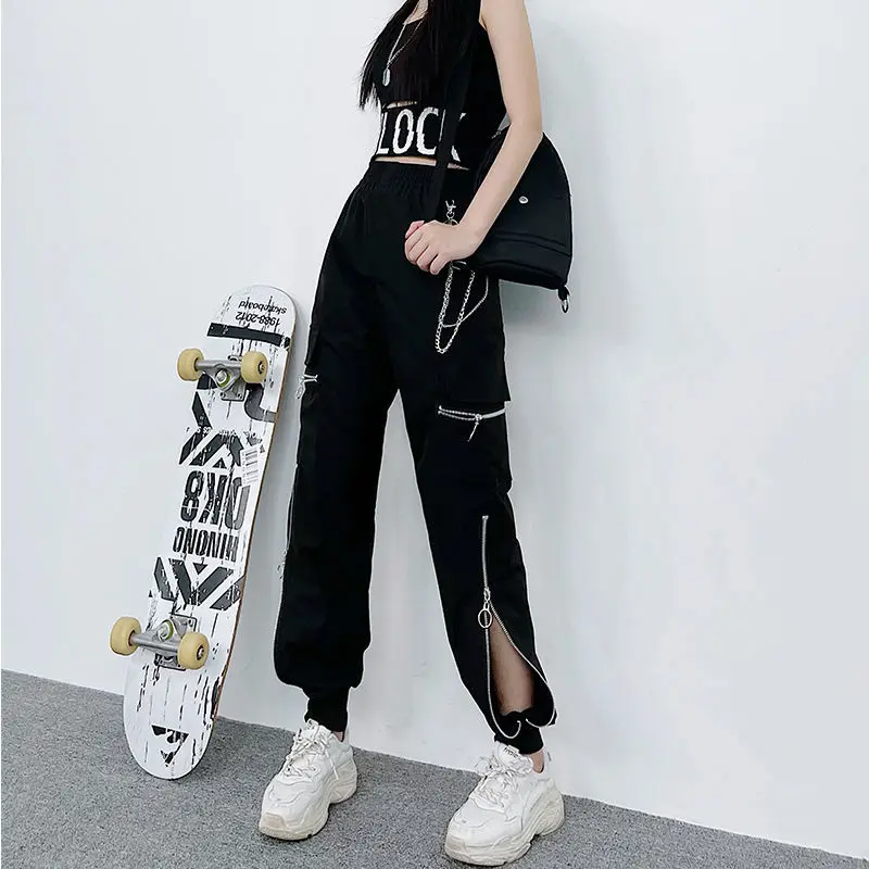 

Брюки-карго женские в стиле Харадзюку, джоггеры с лентами, спортивные штаны на молнии, Дизайнерские повседневные штаны с завышенной талией, черные, для отдыха, большие размеры