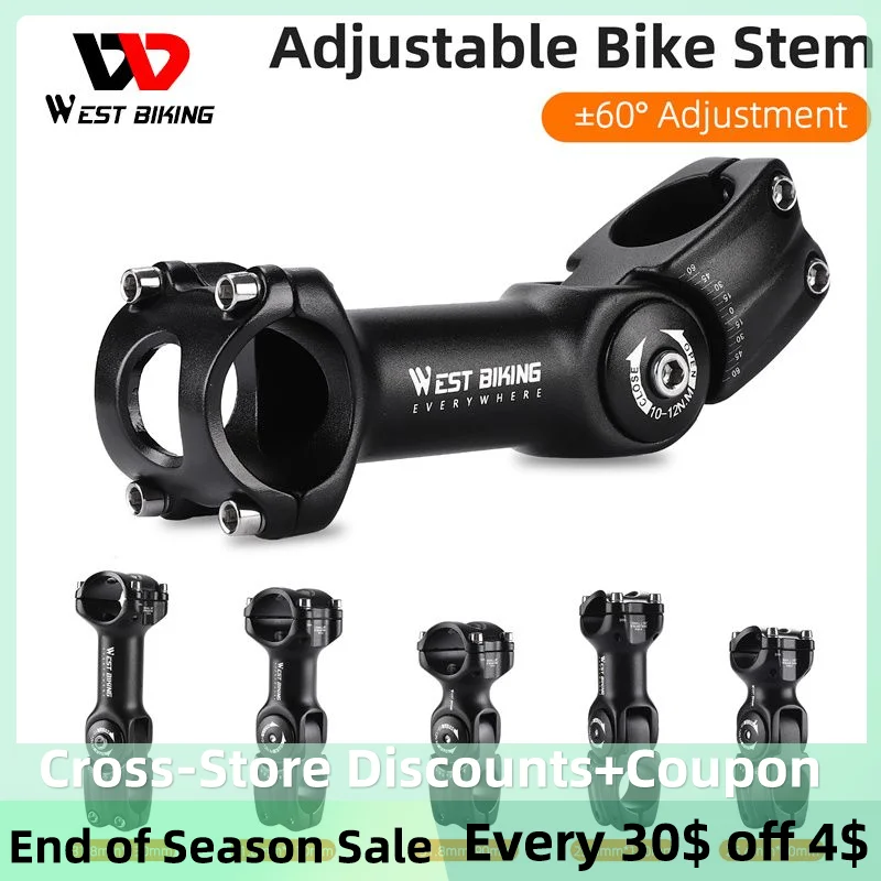 

WEST BIKING Adjustable 60 Degree Bicycle Stem Ultralight Aluminum Alloy Material Bike Grip For Cycling MTB Road Bike Accessories