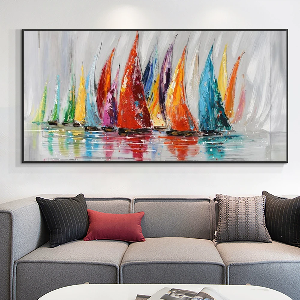 

Colorful Sailing Boat Painting 100% Hand Painted Large Size Canvas Oil Paintings Modern Wall Art For Living Room Decor Bedroom