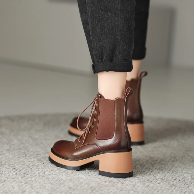 NEW Autumn Boots Women Genuine Leather Round Toe Platform Boots Height Increasing Lace-up Casual Boots Solid Short Boots Women
