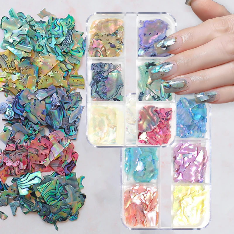 

6 Grids Natural Abalone Sea Shell Nail Art Decoration 3D Irregular Slice Fragments Texture Flakes Nail Charms Manicure Accessory