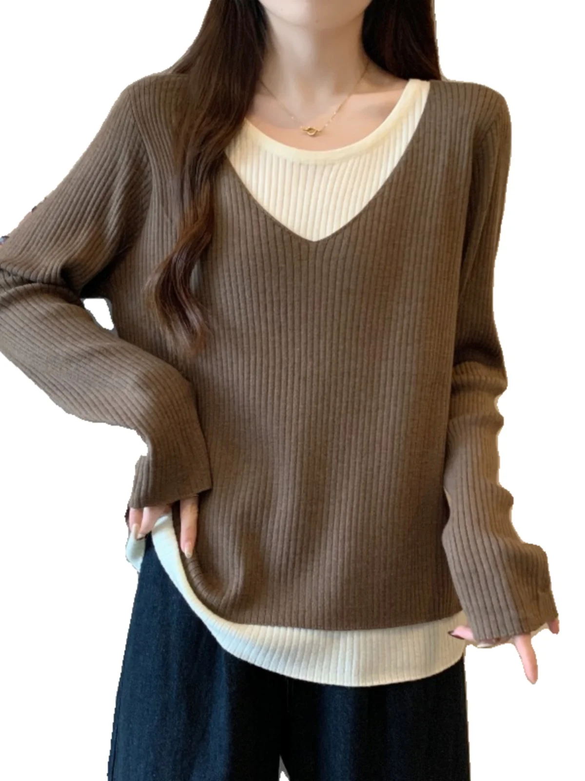 Женская одежда больших размеров Maillard Coffee Color Fake Two Pieces V-образный вырез с длинными