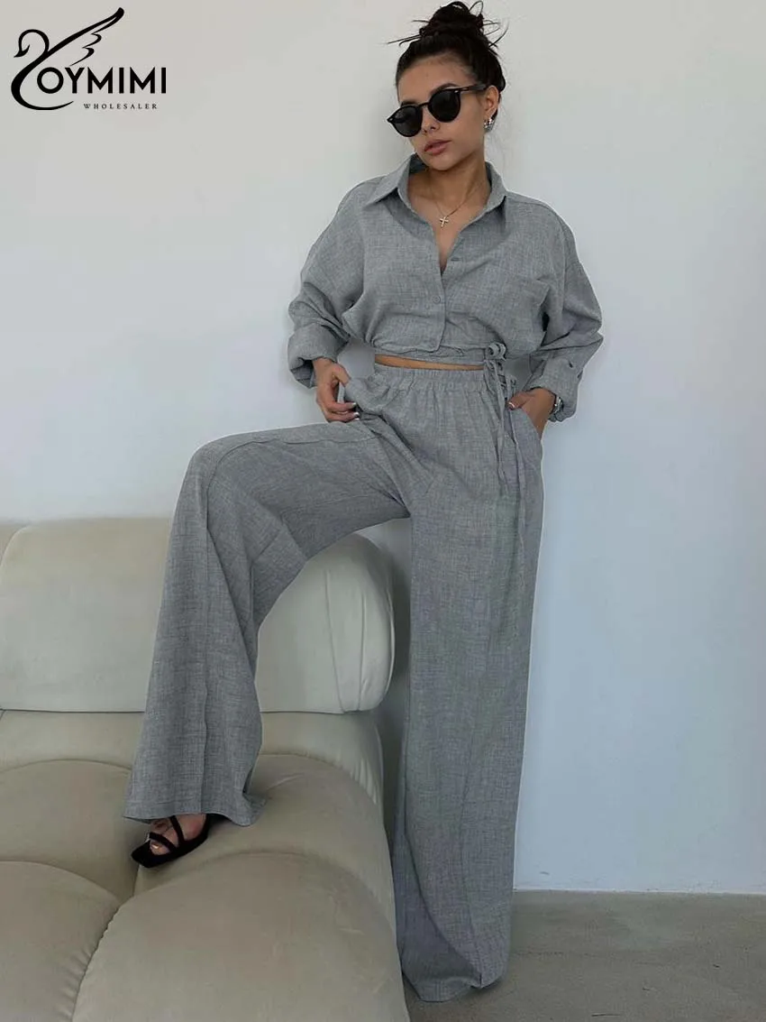 

Oymimi Elegant Blue Grey Womens 2 Piece Outfit Set Fashion Lace-Up Button Long Sleeve Crop Shirts + High Waist Simple Pants Set