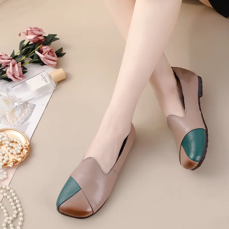 Vintage Patches Ballet Flats Women's Cowhide Leather Loafers Ladies Slip On Shoes Woman Chic Dressy Flat Shoes Female Moccasins