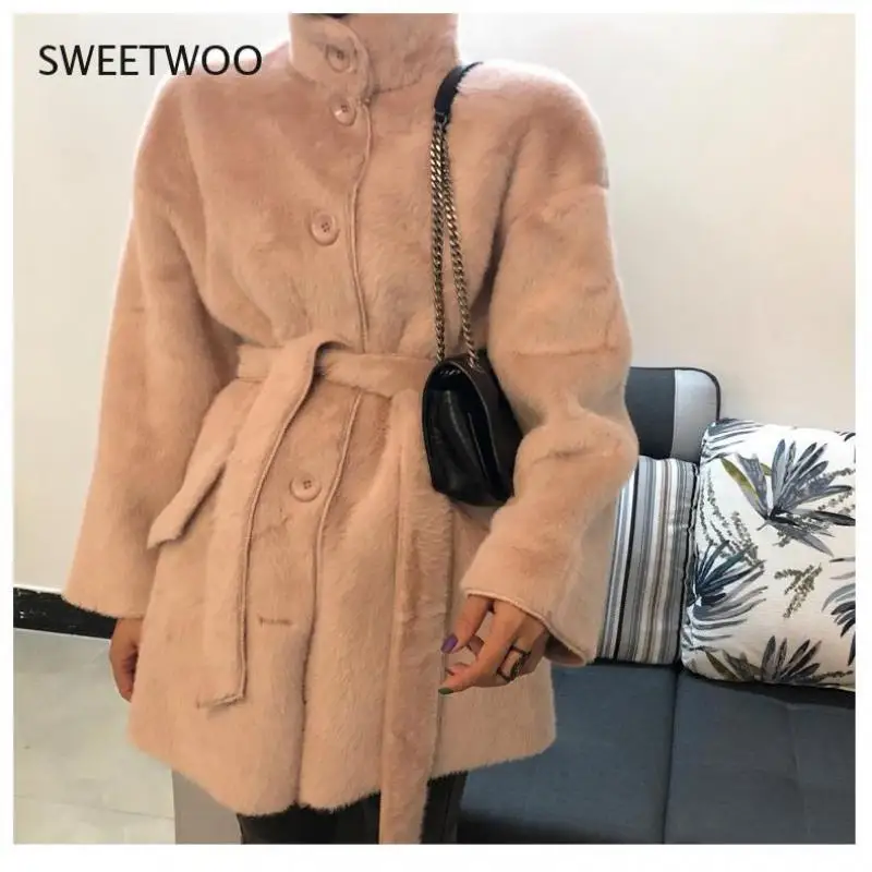 2022 Winter Thick Solid Women Fur Jacket Outwear Lady Faux Rabbit Fur Sashes Fashion Coats Female Warm Coat Contracted Slim Tide