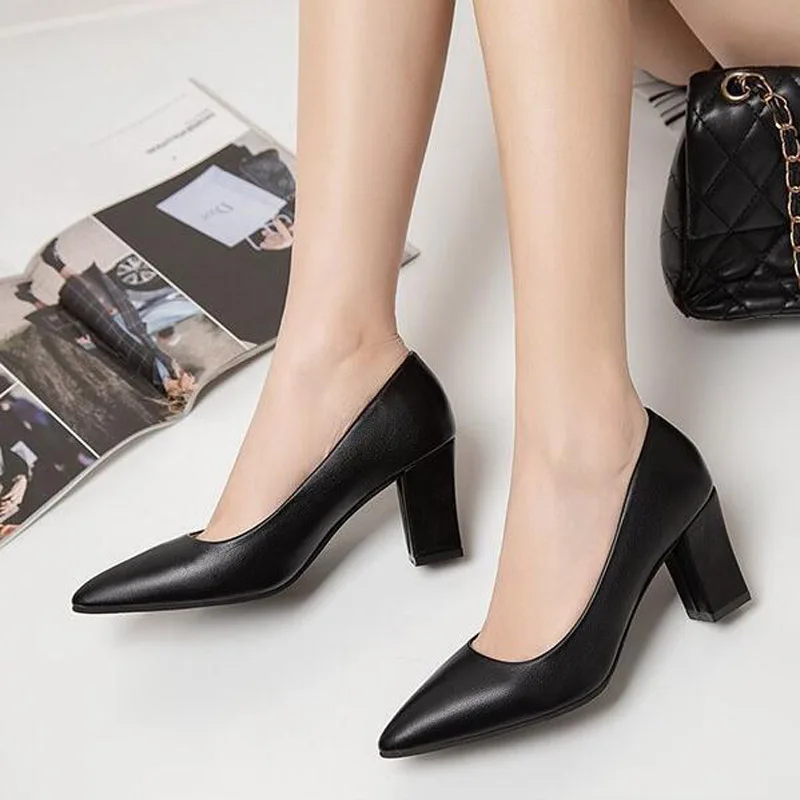 

Spring Ladies Soft Leather High Heel 7CM Comfortable Middle-aged Mid Heel Office Work Pumps Women Wedding Shoes Big Size 40 41