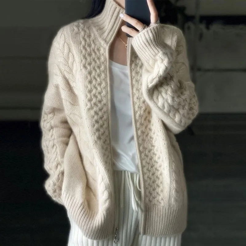 

2022 New Fried Dough Twist Sweater Cardigan Autumn Winter Thick Sweater Women's High Neck Zipper Lazy Loose Knit Coat for Female