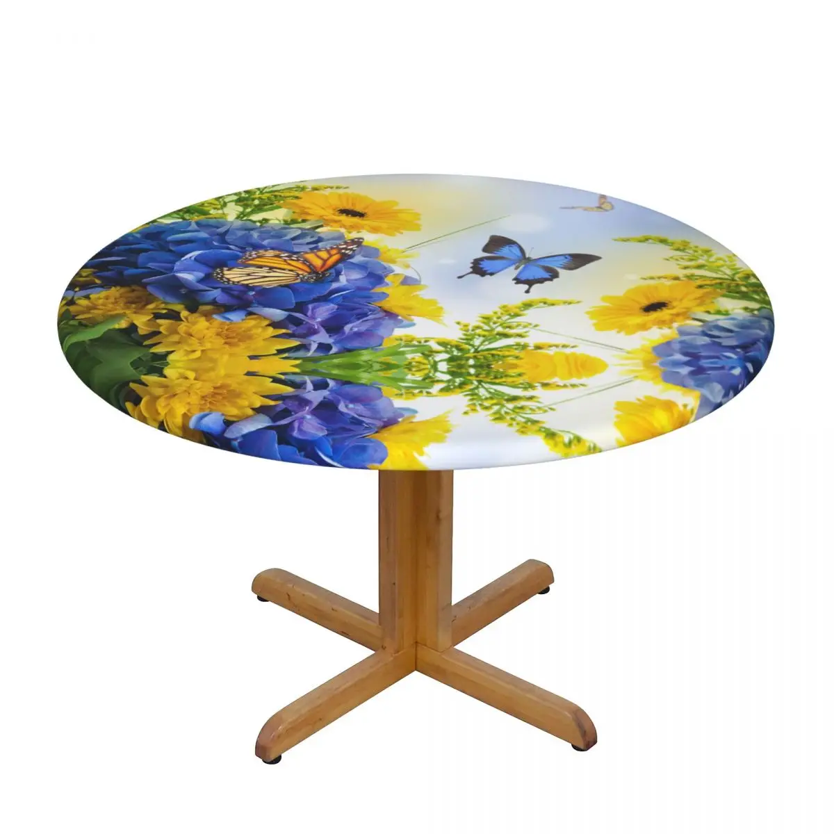 

Round Table Cover for Dining Table Elastic Tablecloth Blue Hydrangeas And Butterfly Fitted House Hotel Decoration