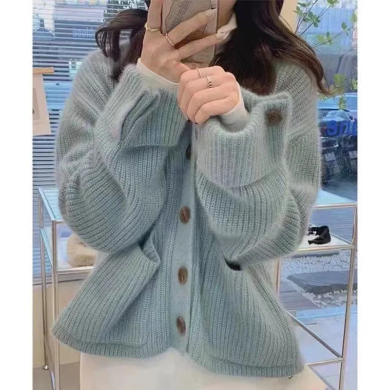 

Harajuku Lazy V-Neck Sweaters Women Cardigans 2022 Autumn Winter Thick Warm Knitted Cardigan Solid Buttons Sweater Coat