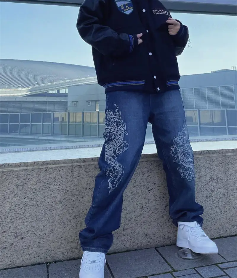 Jeans men's and women's retro blue embroidered dragon pattern jeans high-waisted loose and thin drapey mopping pants
