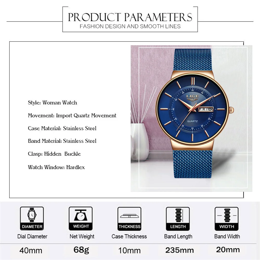 LIGE Women's Watches Luxury Brand Ultra-thin Calendar Week Quartz Watch for Women Ladies Clocks Mesh Waterproof Reloj Mujer