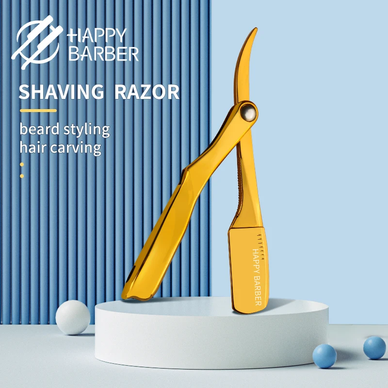 

Happy Barber Razor Stainless Steel Folding Razors For Shaving Men Hair Salon Barber Knives Holder Custom Logo Man Beard Razor