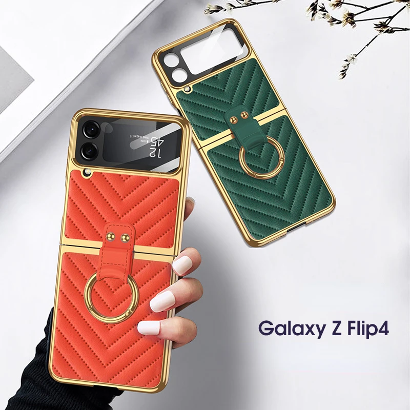 

Electroplated Case for Samsung Z Flip4 Phone Case Shell Membrane Integrated Plain Leather V Pattern Ring Stand Protective Cover