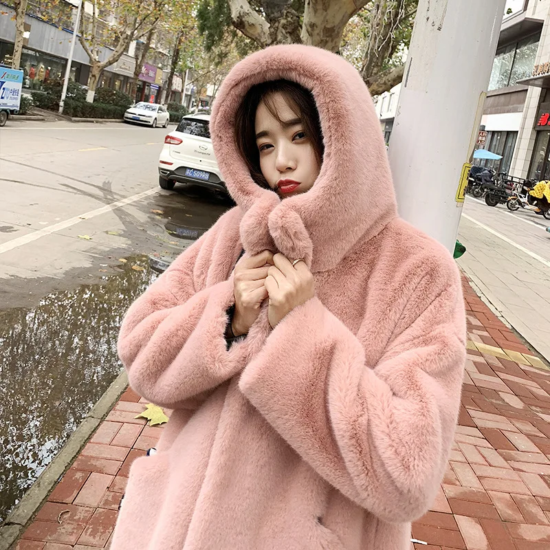 Fake fur coat women's 2022 new winter mink hair medium length women's thin rabbit hair over the knee fur fur coat
