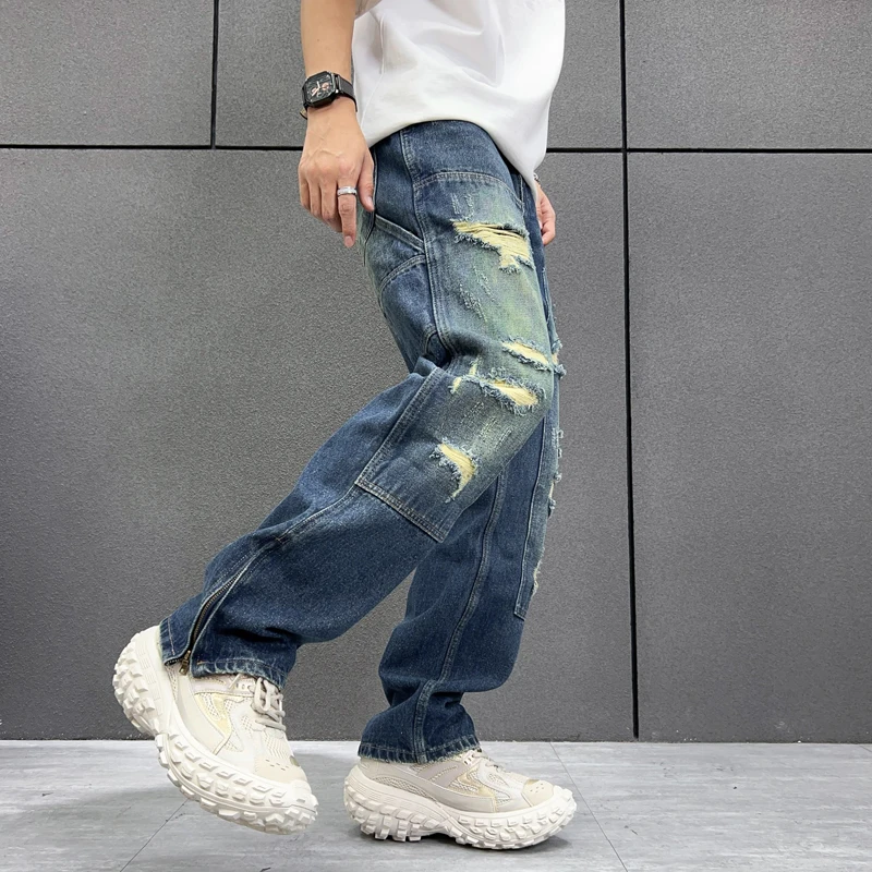 Мужские прямые джинсовые брюки с дырками в стиле ретро