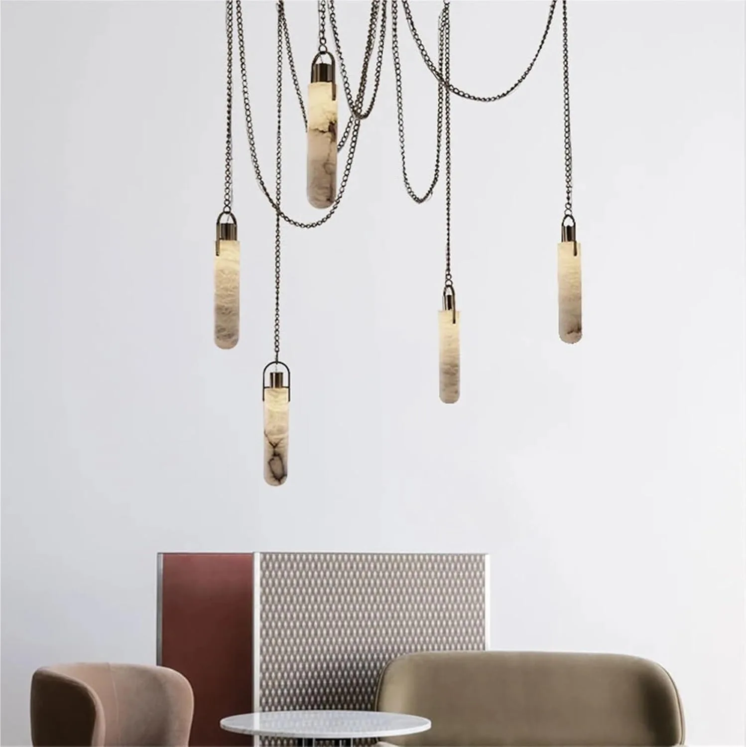 Фото Мраморная люстра-подвеска Multi Light из латуни и алебастра, дизайнерская, для гостиной, столовой, лофта, лестницы №4