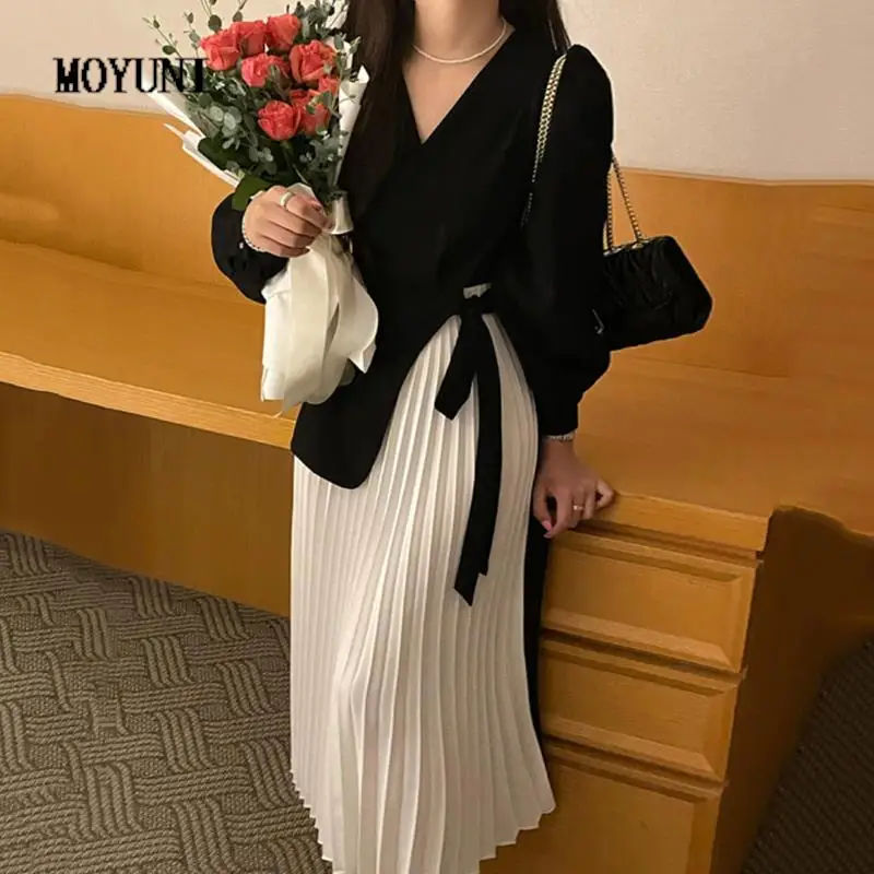 

Vestidos Mujer Korean Chic Autumn Temperament Cross Side Bandage Stitching V Neck Fake Two-piece Pleated Dress Long Sleeve