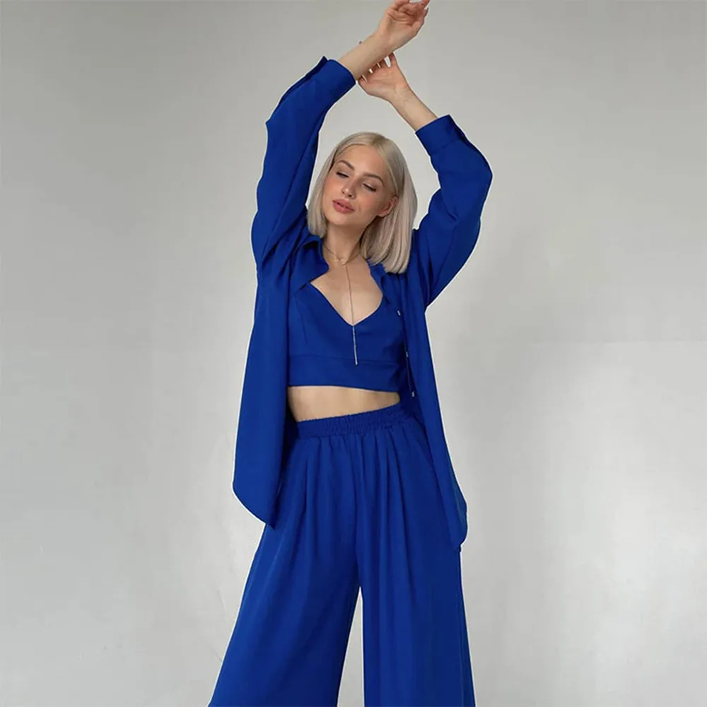 Autumn Casual Three Piece Women Suit Underwear Lapel Long Sleeve Shirt Wide Leg Trousers Female Set Fashion Loungewear Lady Sets