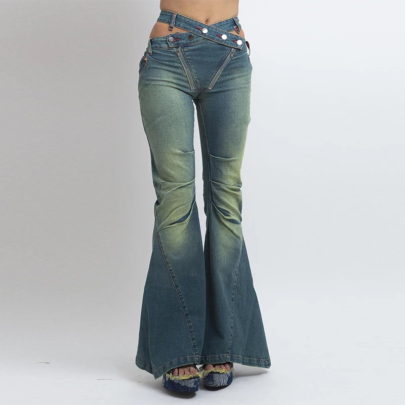 2023 Slim Fit High Waist Hollow Pleated Frosted Old Flared Jeans Luxurious and Luxury High Sense Female Sexy Cargo Pants Women