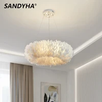 sandyha nordic chandelier home decoration drawing room dining table bedroom led hanging lamps natural swan feather pendant light