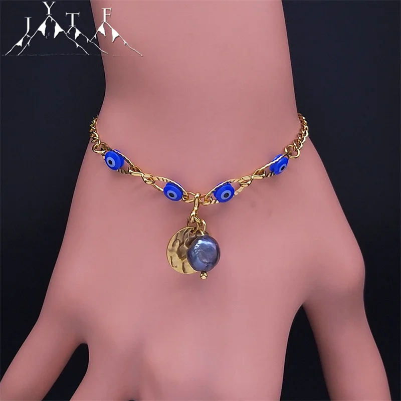 

Blue Devil Eye Pearl Beaded Stainless Steel Bracelet Women Vintage Turkey Eyes Gold Color Pendant Bracelets Jewelry Gift B131S05