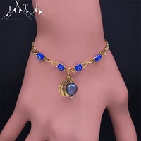 blue devil eye pearl beaded stainless steel bracelet women vintage turkey eyes gold color pendant bracelets jewelry gift b131s05