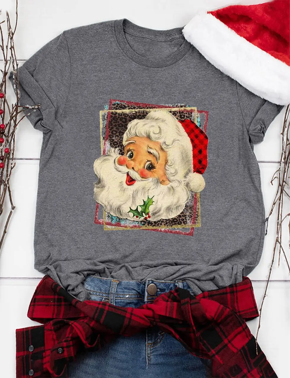 

Rheaclot Women's Old Fashioned Santa Claus Cotton Crew-Neck T-shirt