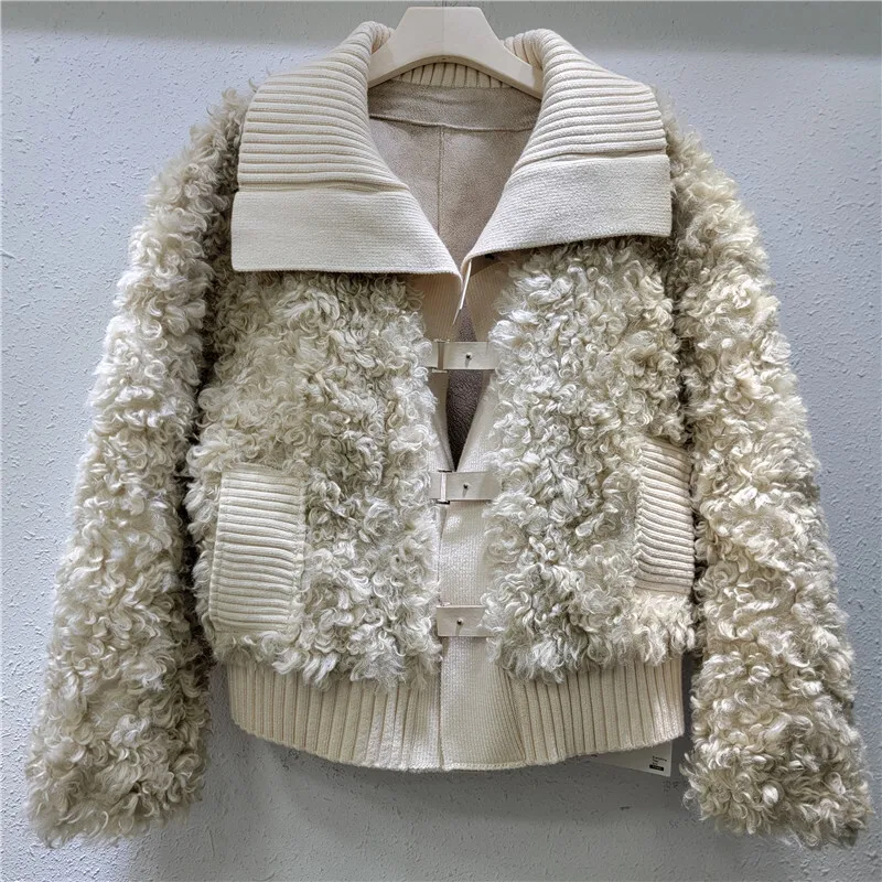 WTHT модное женское лоскутное шерстяное пальто из искусственного меха 2024 зимняя