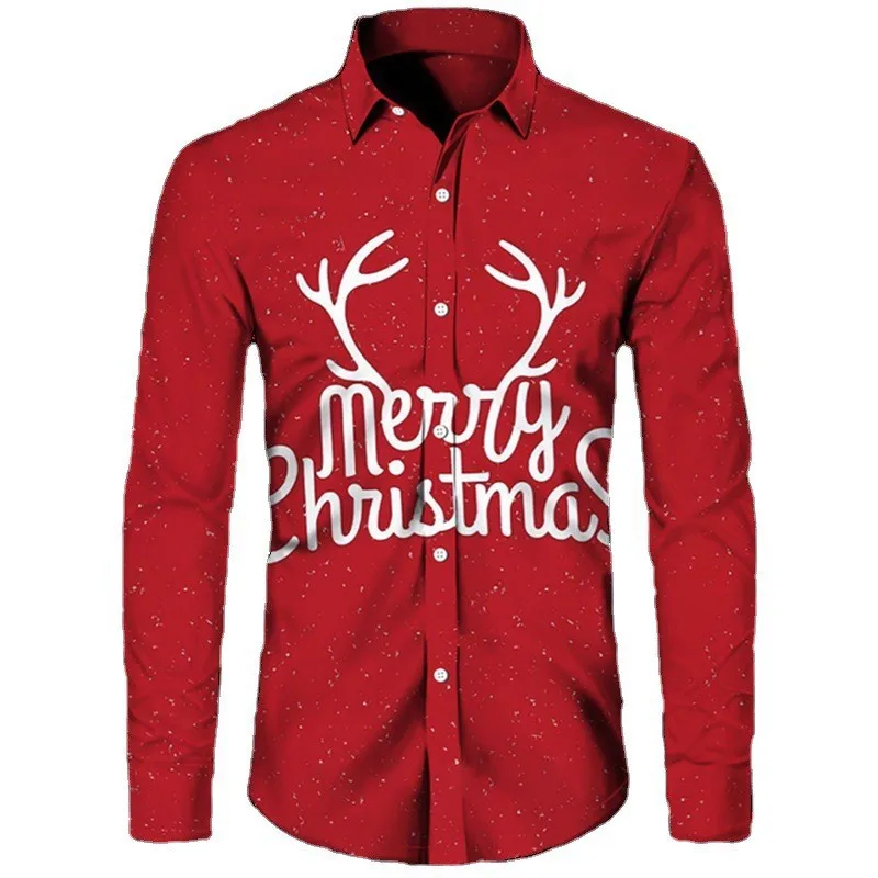 2022 Men's Shirt Christmas 3D Print Casual Cardigan Long Sleeve Shirt Men Clothing Fashion Blouses New Year Couple Streetwear