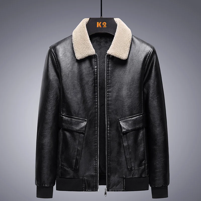 

2023 Classic Retro Warm Leather Fleece Bomber Jacket High Qualit Classic Zipper Plus Size Fleece Fur Leather Jacket for Men