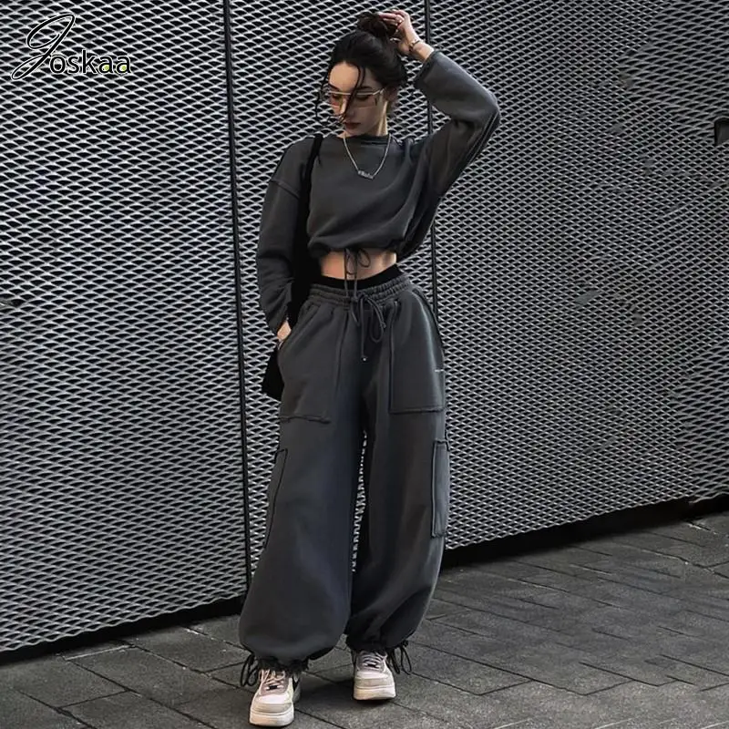 

Joskaa, повседневный комплект из двух предметов, женский укороченный топ с длинными рукавами на завязках и широкие брюки, костюмы, осень 2023, модные костюмы, спортивные костюмы