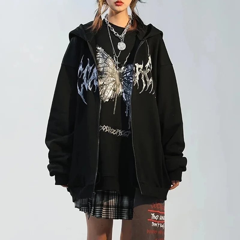 

New Street Fashion Brand Hooded Zipper Letter Butterfly Print Fleece Cardigan Sweater Women's Sweater Hoodie Oversized Hoodie