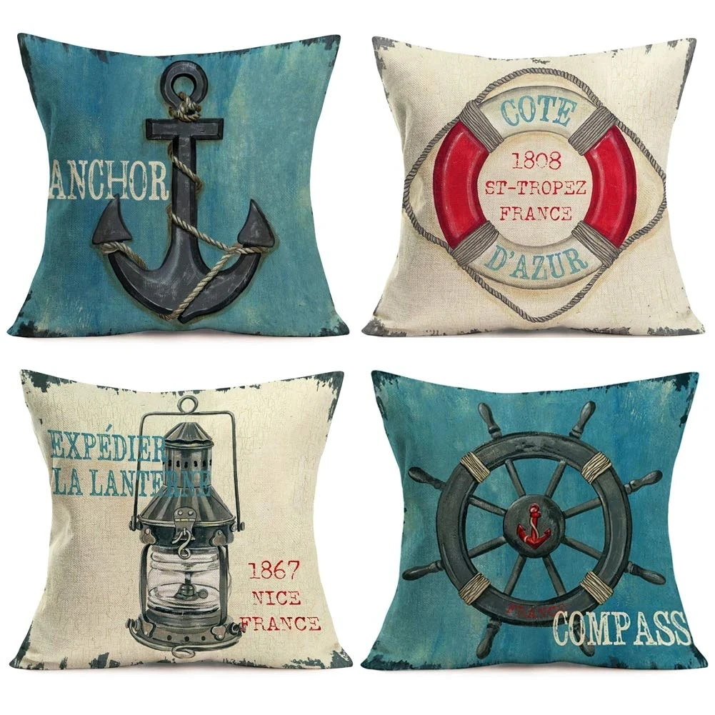 Lamp, Rudder, Swimming Ring Printed Linen Pillowcase, Living Room Sofa Cushion Cover, Home Decoration Pillow Cover