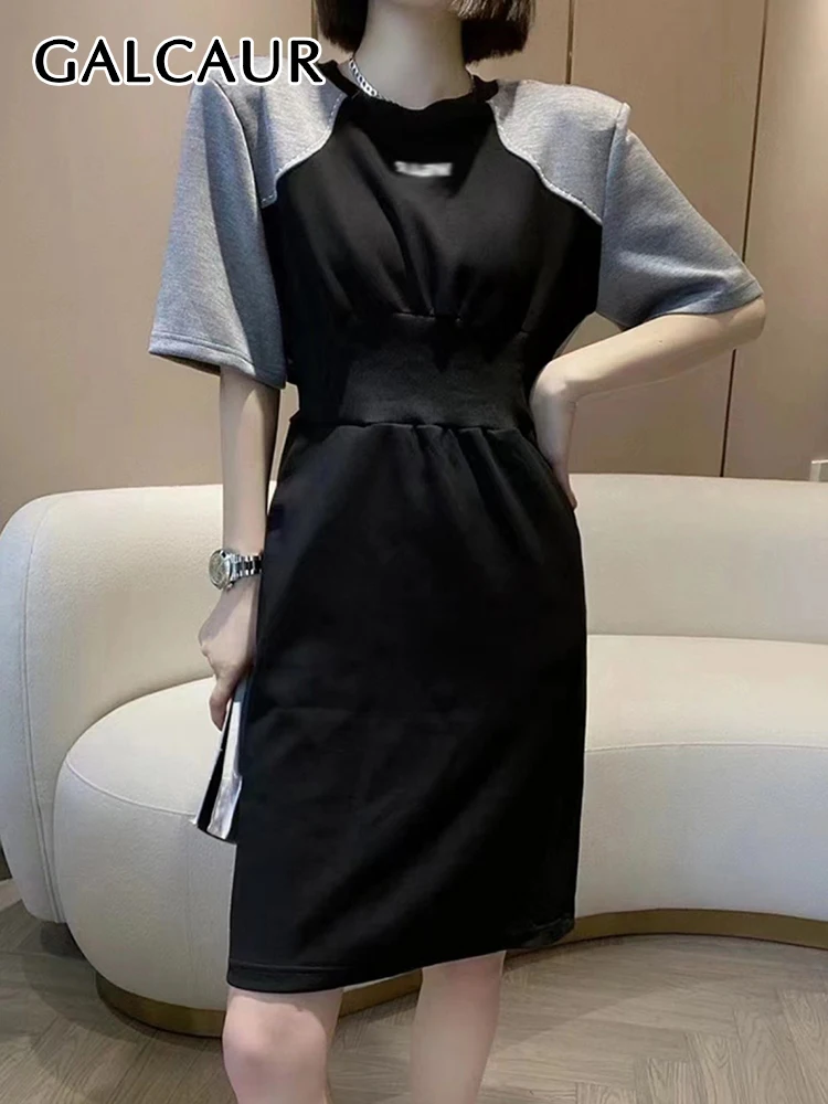 

GALCAUR Colorblock Loose Summer Dress For Women Round Neck Short Sleeve High Waist Fake Two Midi Dresses Female 2022 Clothes New