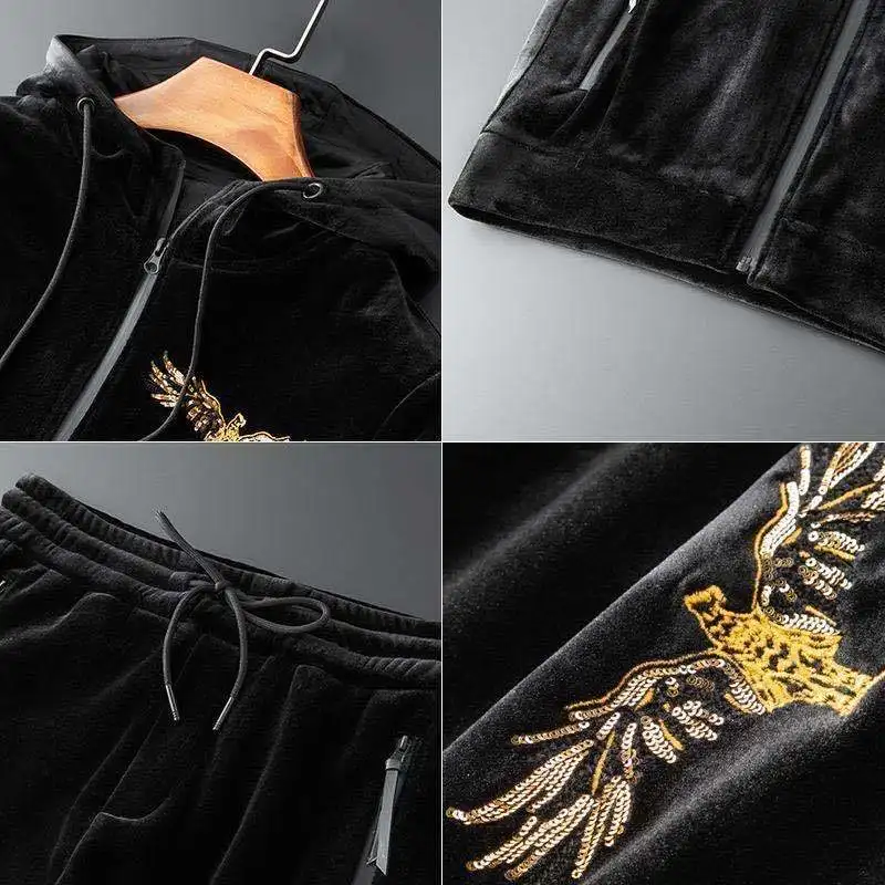 Men's Winter Fleece-lined Thickened Gold Velvet Casual Sports Suit Fashion Brand Printed Two-piece Set