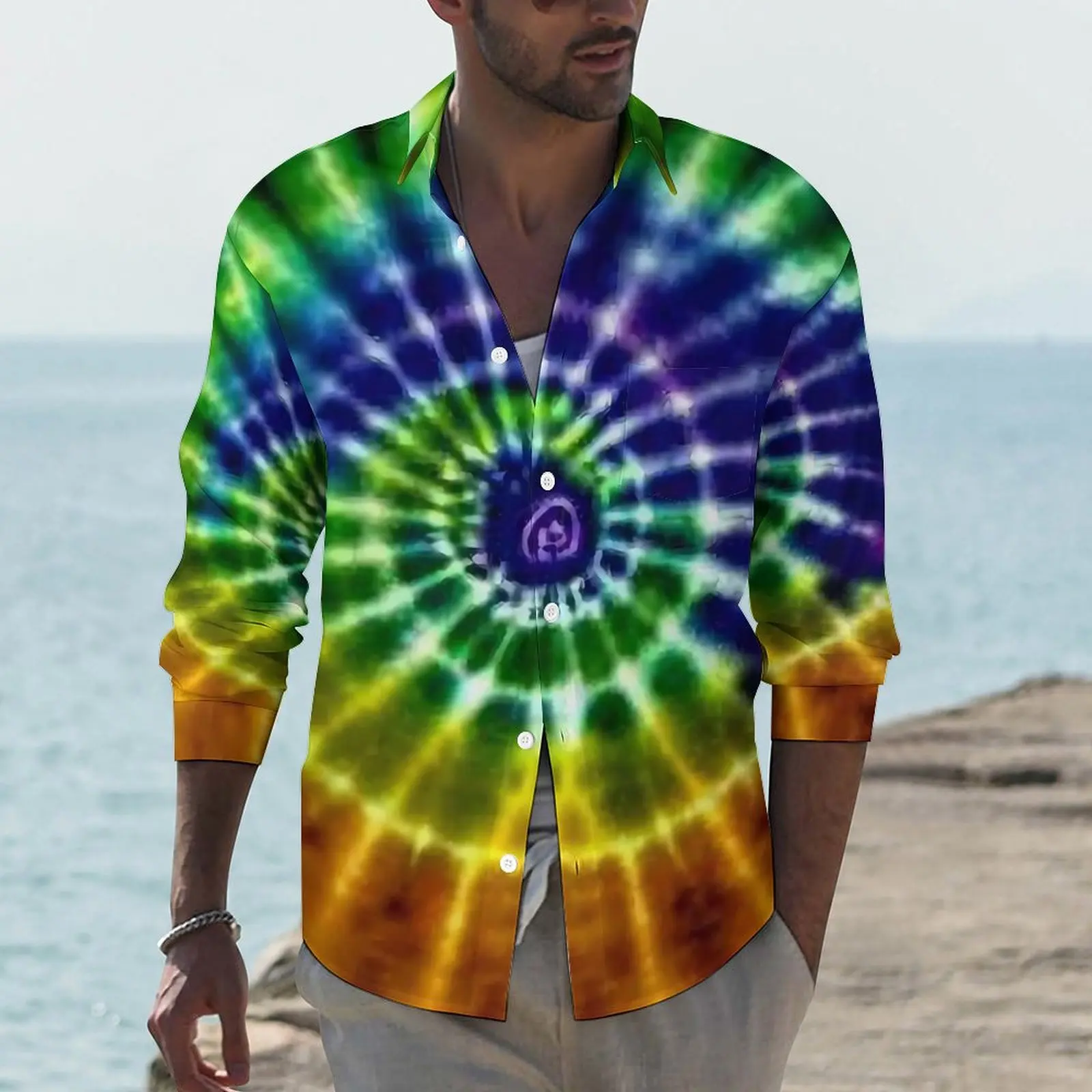 

Rainbow Tie-Dye Shirt Men Spiral Print Casual Shirts Spring Aesthetic Custom Blouses Long Sleeve Trendy Oversize Clothes Gift