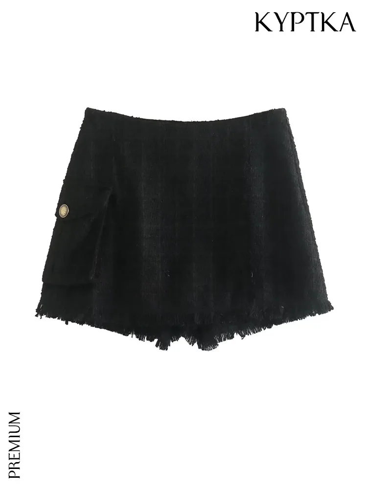 

KYPTKA Women Fashion Side Pocket Frayed Hem Tweed Shorts Skirts Vintage High Waist Side Zipper Female Skort Mujer